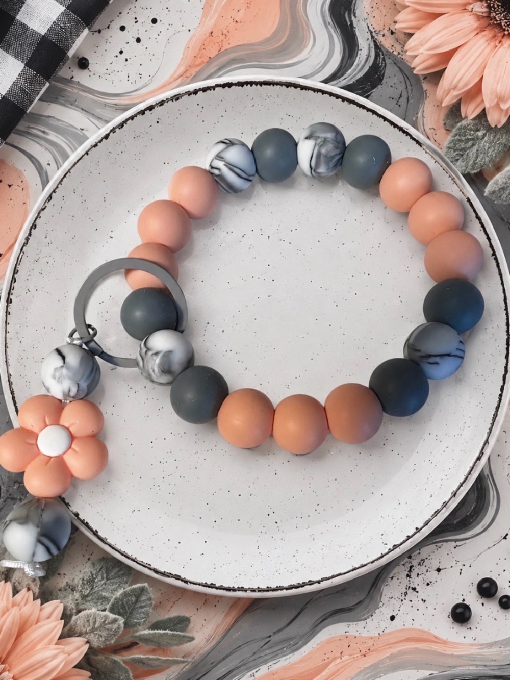Hand Crafted Peach, Gray & Marble Beaded Keychain Wristlet